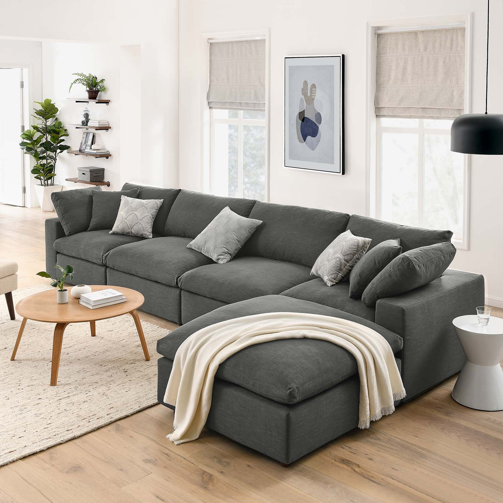 Gray Fabric Five-Piece Sectional Sofa with Ottoman