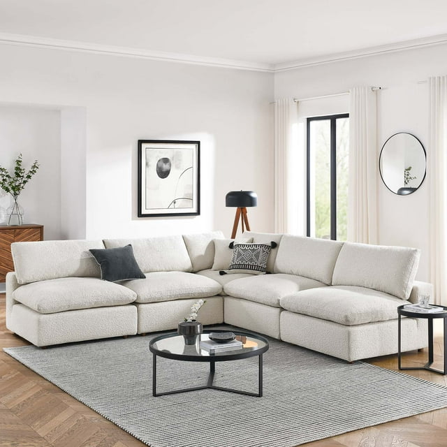 Modway Commix 5-Piece Down Filled Overstuffed Boucle Fabric Sectional Sofa in Ivory