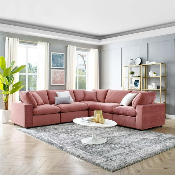 Modway Commix 5-Piece Down Filled Overstuffed Performance Velvet Sectional Sofa in Dusty Rose