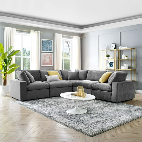 Modway Commix 5-Piece Down Filled Overstuffed Performance Velvet Sectional Sofa in Gray