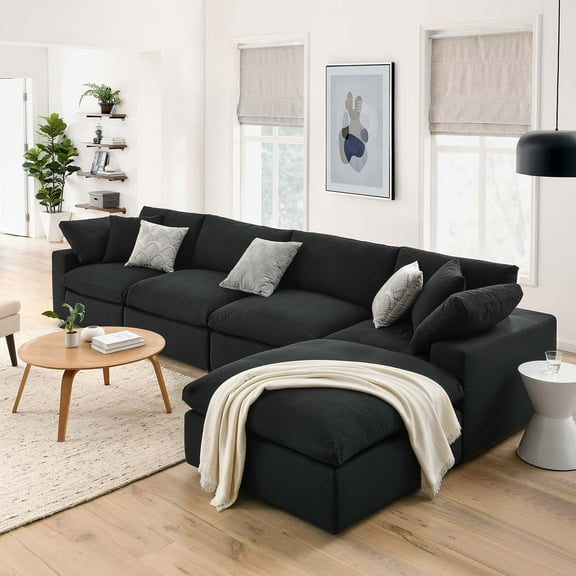 Modway Commix 5 Piece Down Filled Overstuffed Sectional Sofa Set in Black