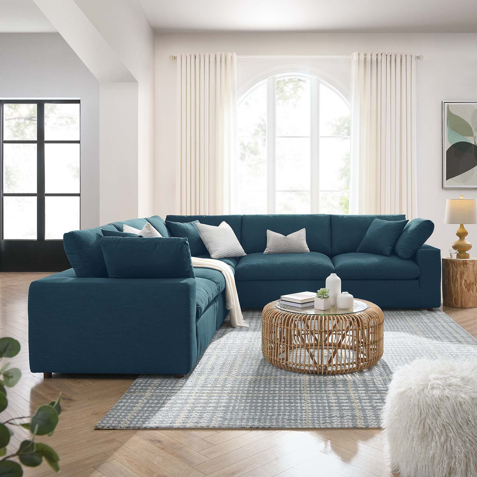 Azure Linen Fabric Five Piece Sectional Sofa with Down Fill Cushions