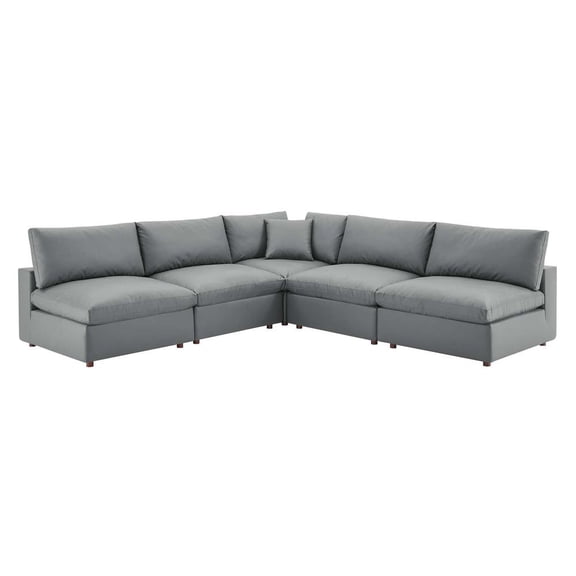 Modway Commix 5-Piece Down Filled Overstuffed Vegan Leather Sectional Sofa in Gray