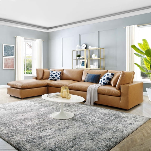 Modway Commix 5-Piece Down Filled Overstuffed Vegan Leather Sectional Sofa in Tan