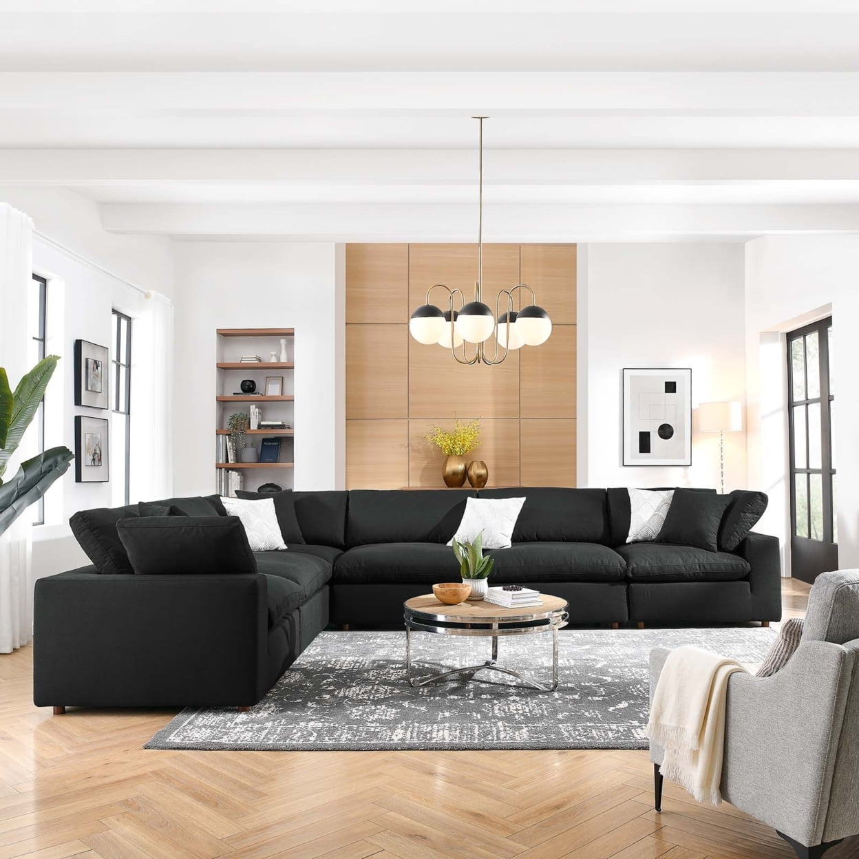 Modway Commix Down Filled Overstuffed 6 Piece Sectional Sofa Set Black