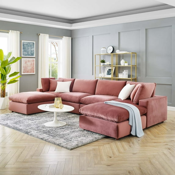 Modway Commix 6-Piece Down Filled Overstuffed Performance Velvet Sectional Sofa in Dusty Rose