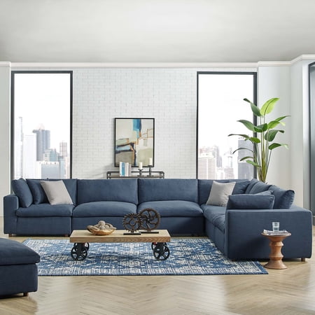 Modway Commix 6 Piece Down Filled Overstuffed Sectional Sofa Set in Azure