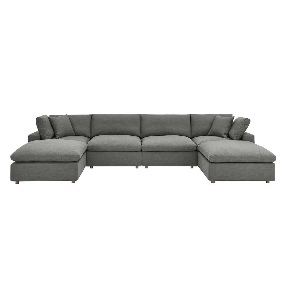 Gray Velvet Six-Piece Sectional Sofa with Ottoman