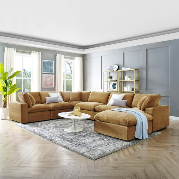 Modway Commix 7-Piece Down Filled Overstuffed Performance Velvet Sectional Sofa in Cognac