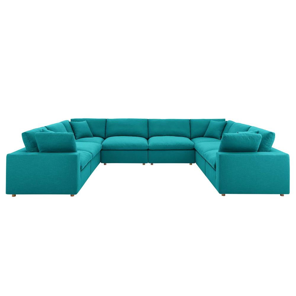 Teal Linen Fabric Eight-Piece Sectional Sofa with Down Fill Cushions