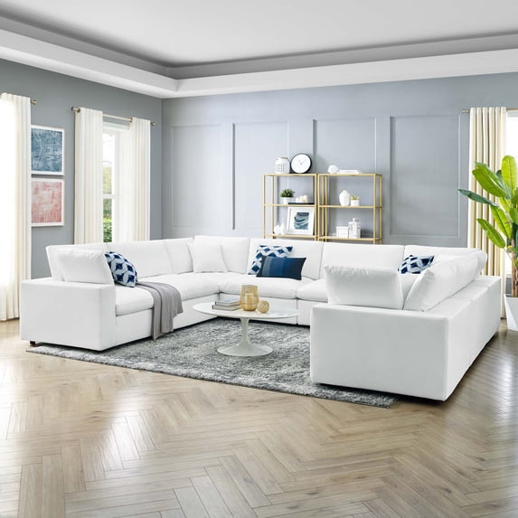 Modway Commix 8-Piece Down Filled Overstuffed Vegan Leather Sectional Sofa in White
