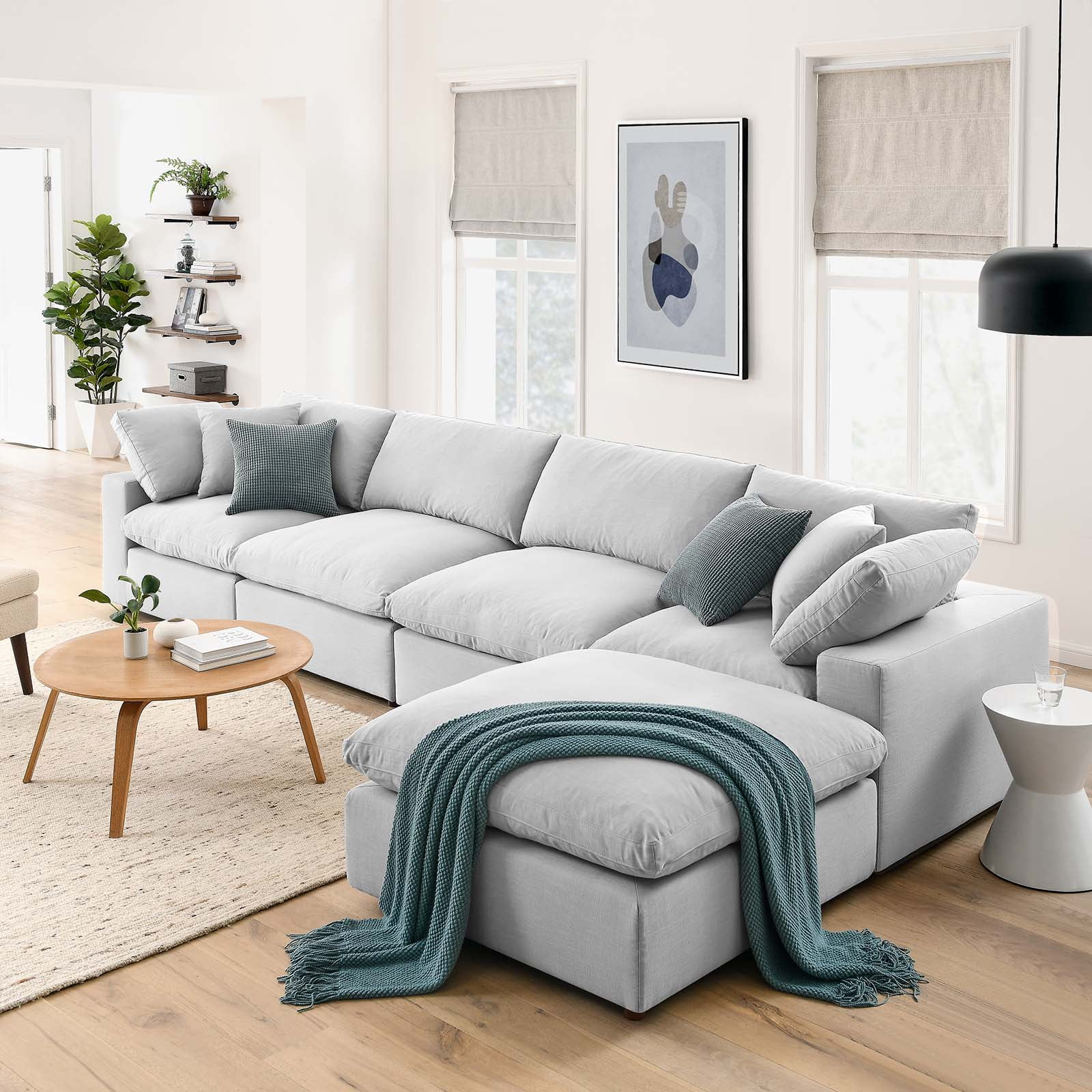 Modway 5 Piece Contemporary Polyester L Shaped Sectional Sofa Set Light Gray