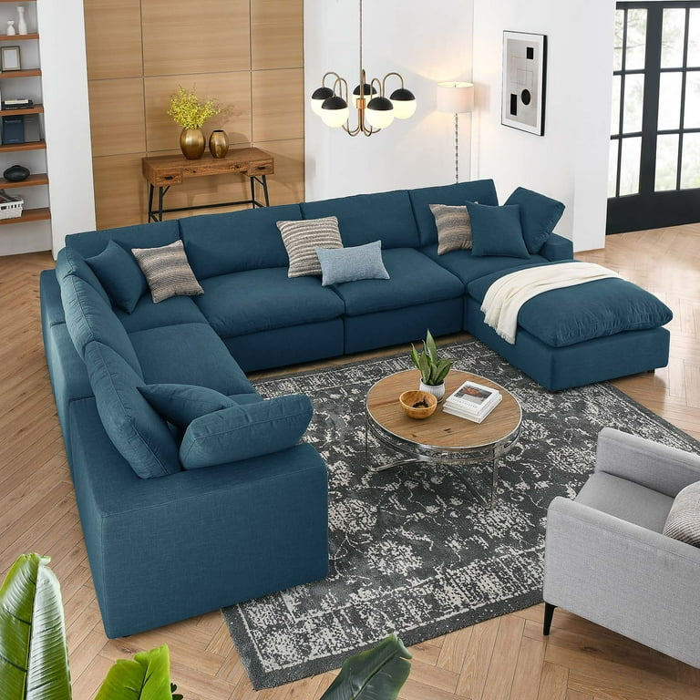 Modway Commix Down Filled Overstuffed 7 Piece Sectional Sofa in Azure