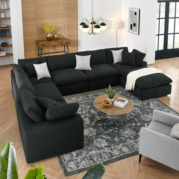 Modway 7 Piece Contemporary Polyester Sectional Sofa Living Room Set Black