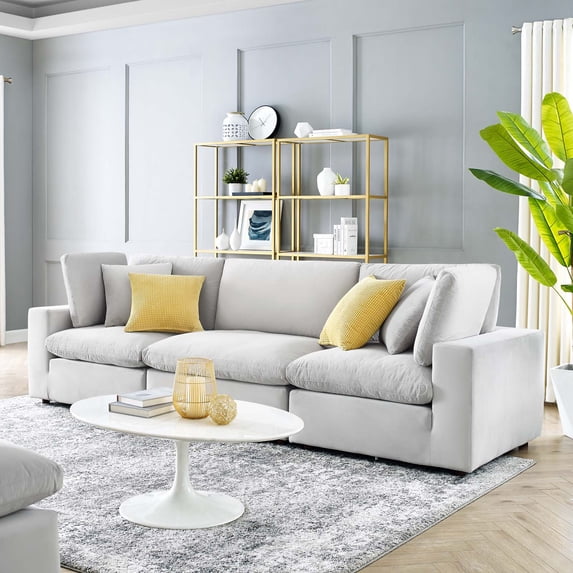 Modway Commix Down Filled Overstuffed Performance Velvet 3-Seater Sofa in Light Gray