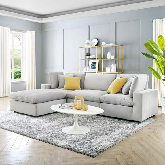 Modway Commix Down Filled Overstuffed Performance Velvet 4-Piece Sectional Sofa in Light Gray
