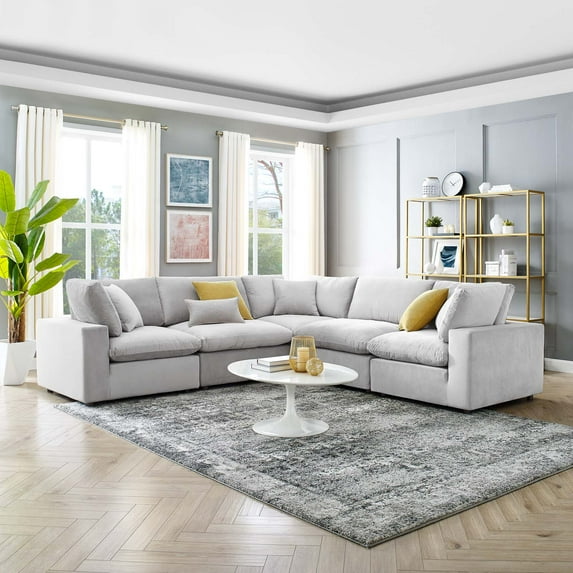 Modway Commix Down Filled Overstuffed Performance Velvet 5-Piece Sectional Sofa in Light Gray