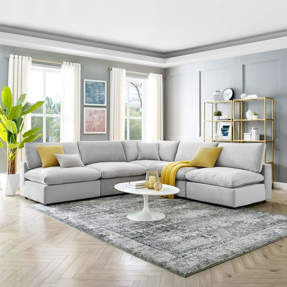 Modway Commix Down Filled Overstuffed Performance Velvet 5-Piece Sectional Sofa in Light Gray
