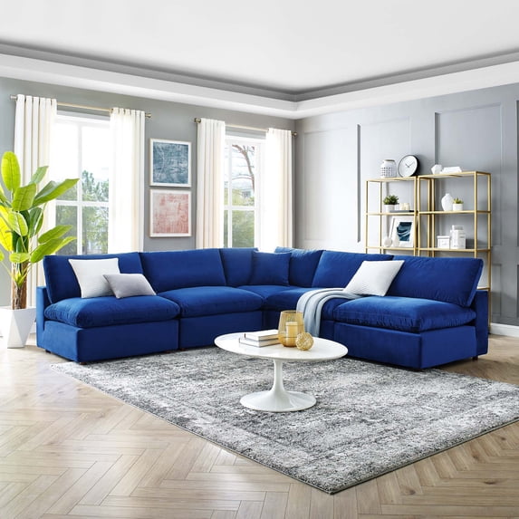 Modway Commix Down Filled Overstuffed Performance Velvet 5-Piece Sectional Sofa in Navy
