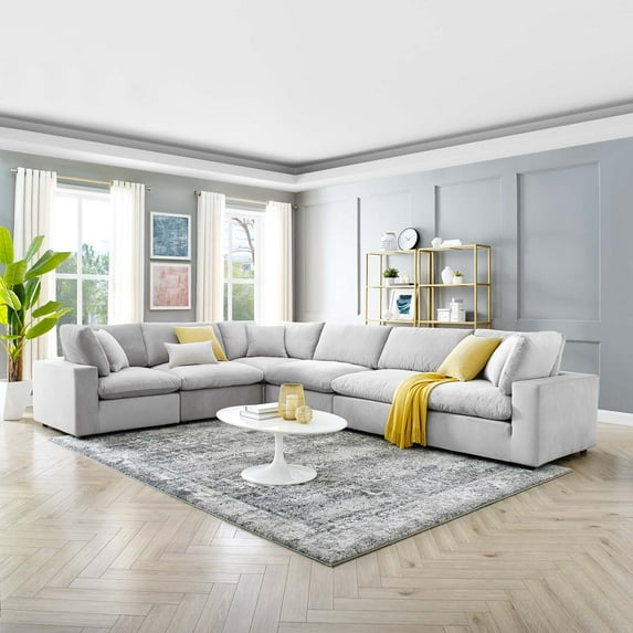 Modway Commix Down Filled Overstuffed Performance Velvet 6-Piece Sectional Sofa in Light Gray