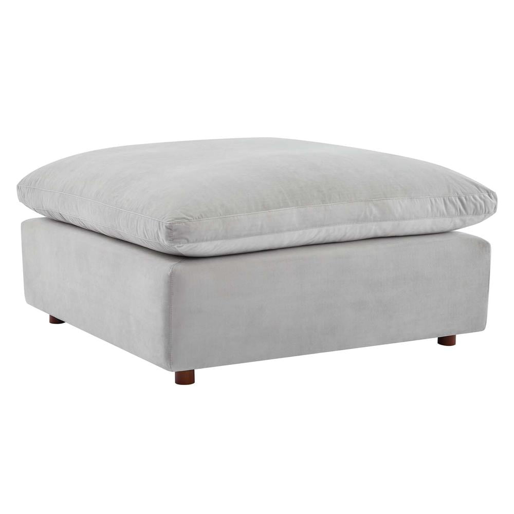 Light Gray Velvet Overstuffed Ottoman with Solid Wood Frame