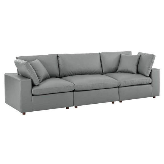 Modway Commix Down Filled Overstuffed Vegan Leather 3-Seater Sofa in Gray