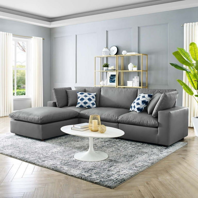 Modway Commix Down Filled Overstuffed Vegan Leather 4 Piece Sectional Sofa in Gray