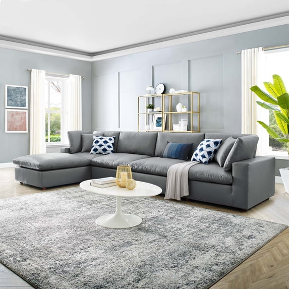 Modway Commix Down Filled Overstuffed Vegan Leather 5-Piece Sectional Sofa in Gray
