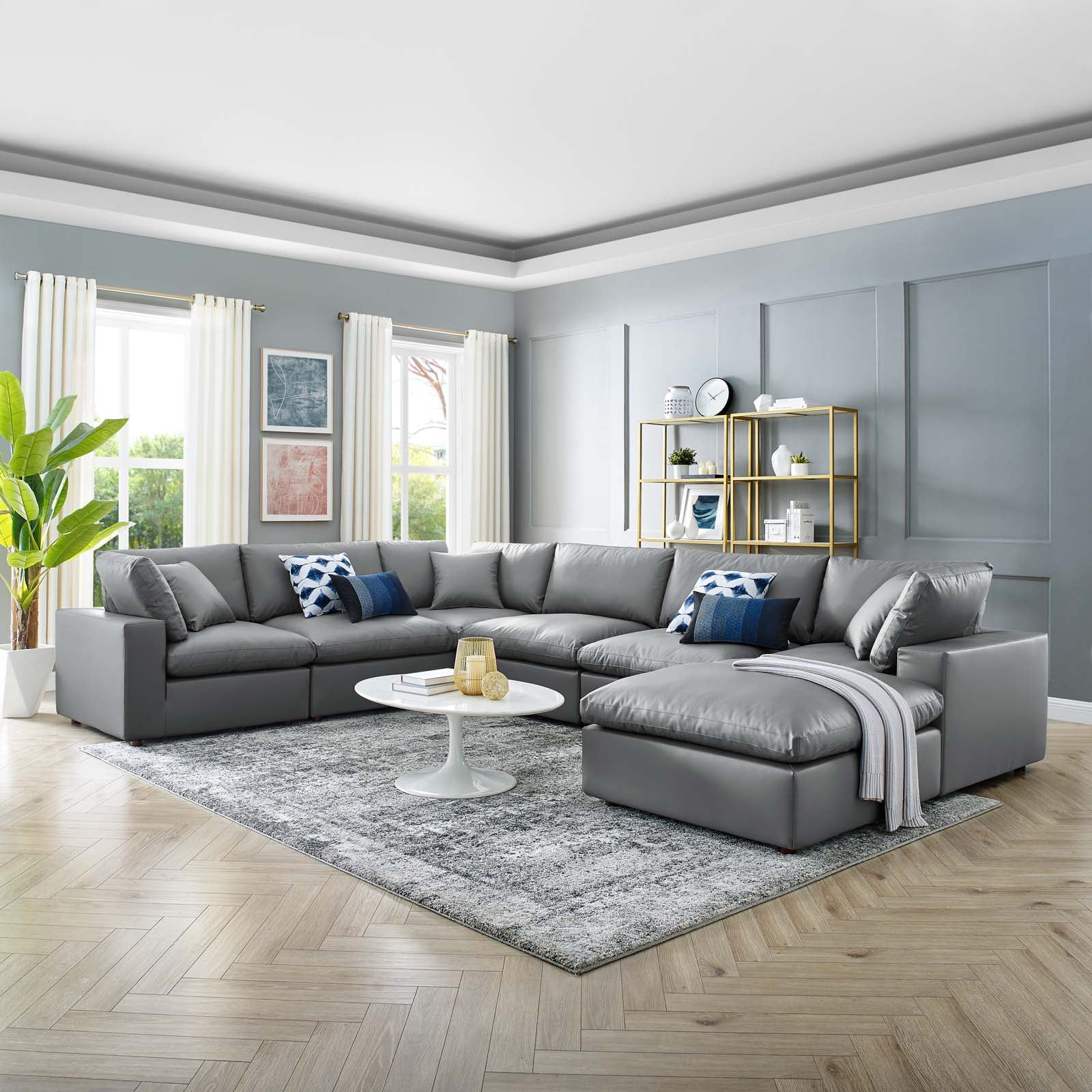 Luxurious Gray Faux Leather 7-Piece Sectional with Ottoman