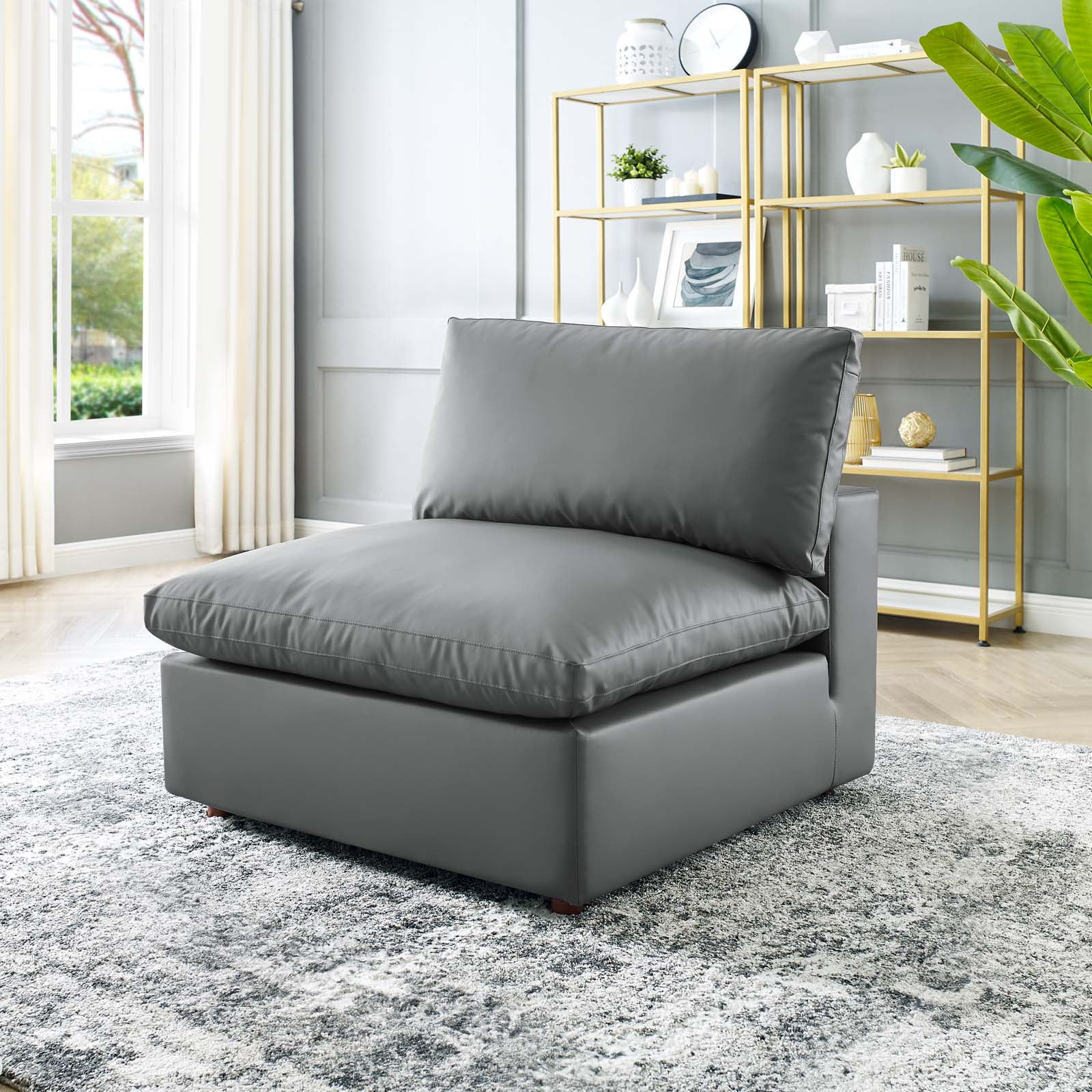 Gray Vegan Leather Overstuffed Armless Chair