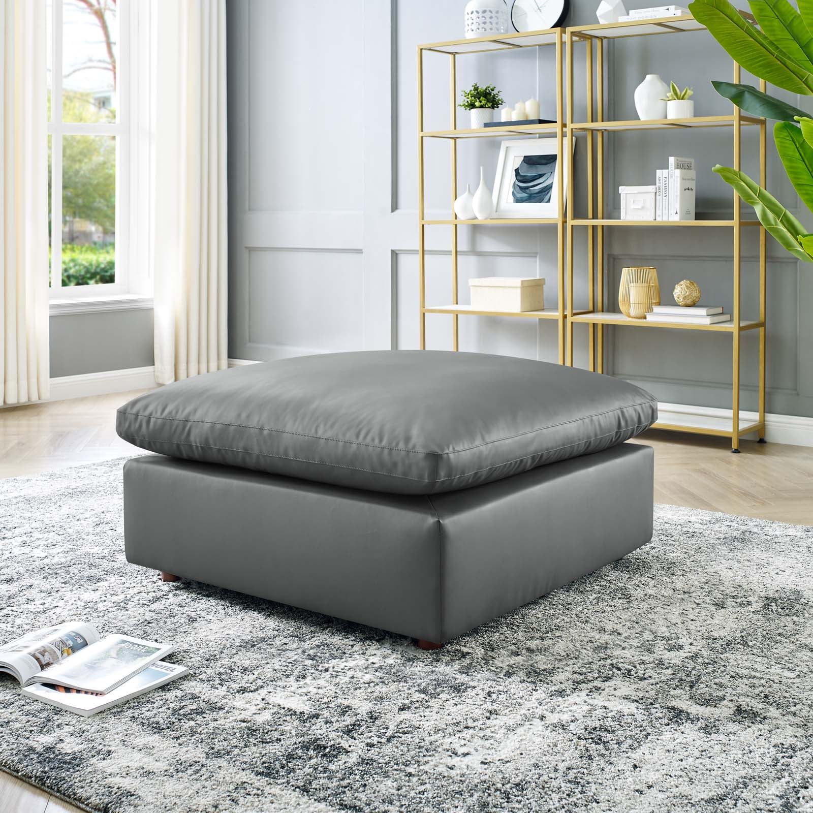 Luxurious Gray Vegan Leather Plush Ottoman, 39"L x 19"H