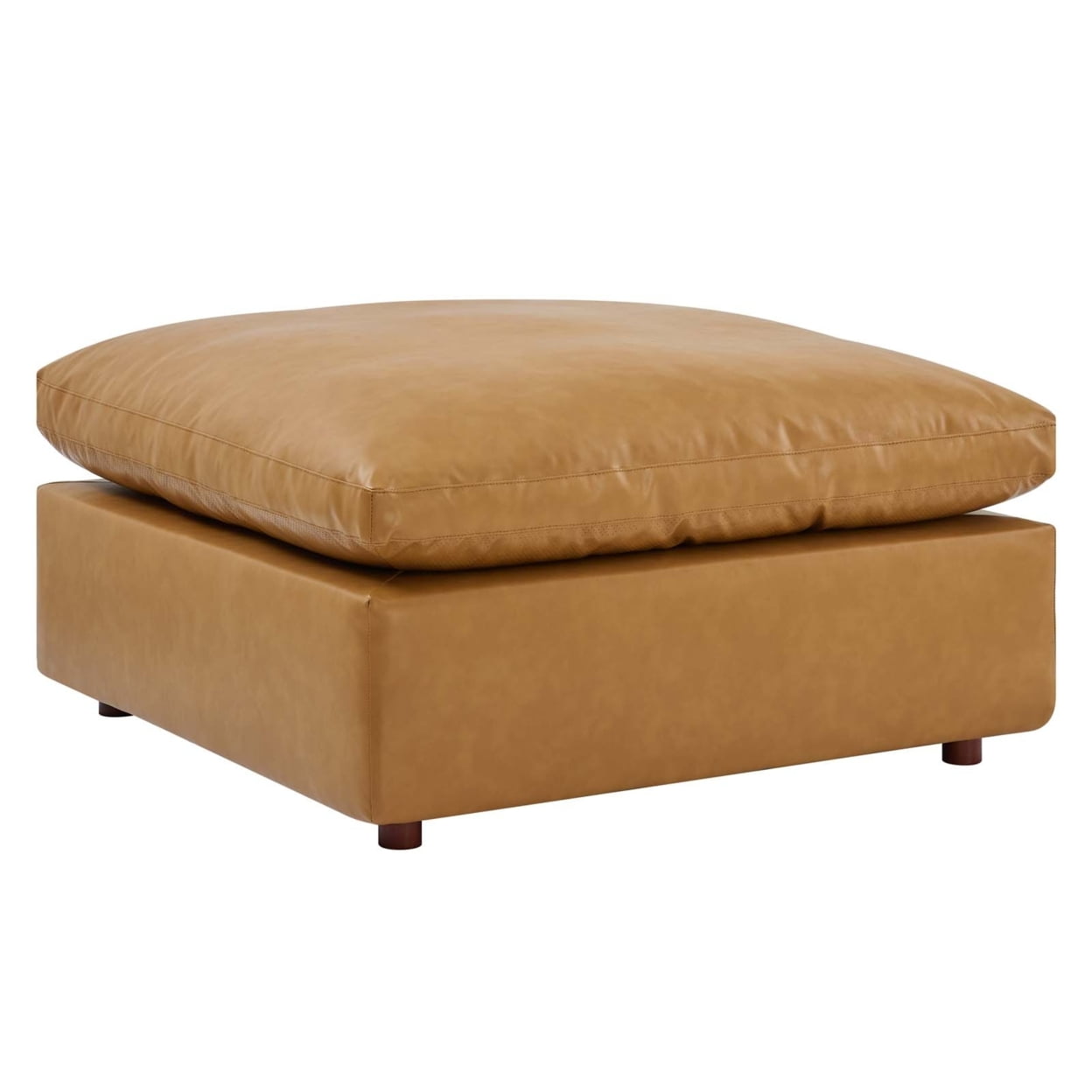 Plush Overstuffed Tan Vegan Leather Ottoman