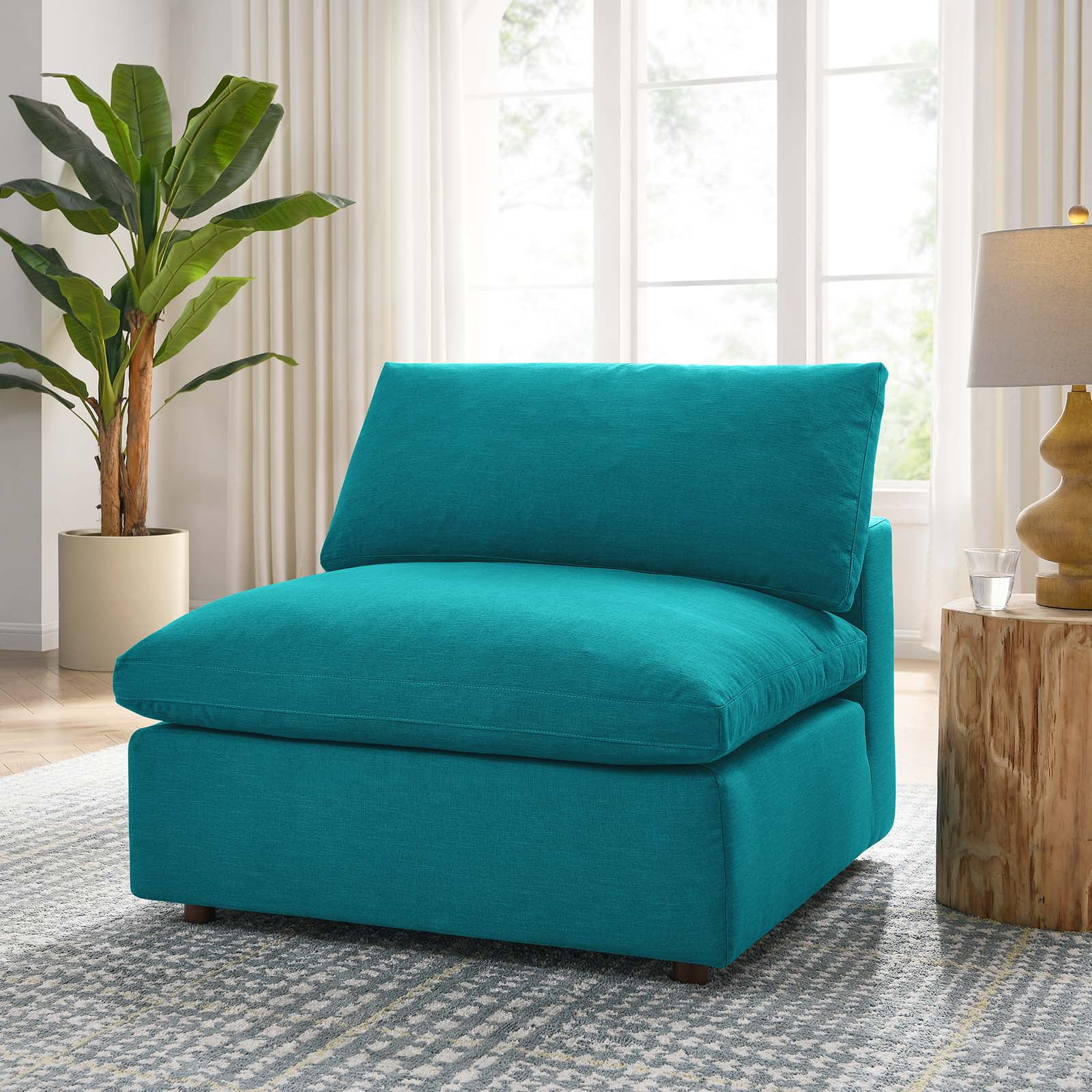 Teal Polyester Overstuffed Armless Chair with Down Cushions