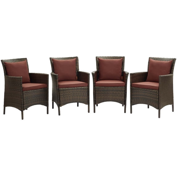 Modway Conduit Outdoor Patio Wicker Rattan Dining Armchair Set of 4 in Brown Currant
