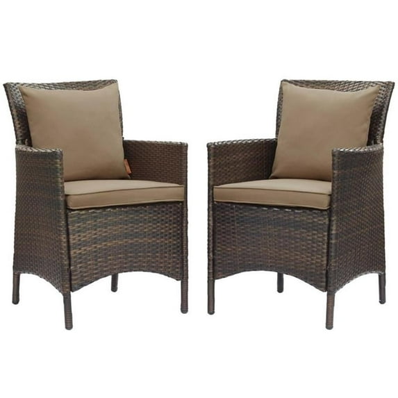 Modway Conduit 17" Rattan Patio Dining Armchair in Brown/Mocha (Set of 2)