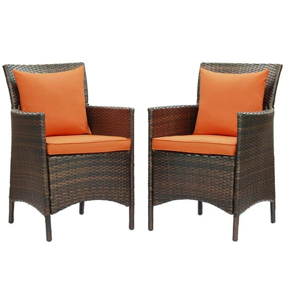 Modway Conduit Outdoor Patio Wicker Rattan Dining Armchair Set of 2 in Brown Orange