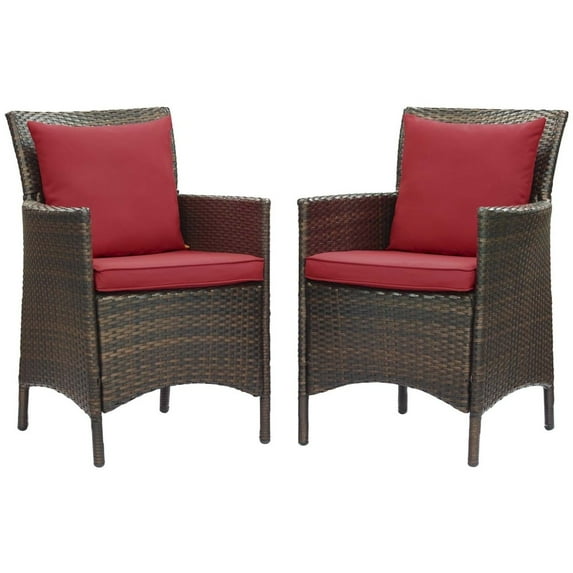 Modway Conduit 17" Rattan Patio Dining Armchair in Brown/Red (Set of 2)