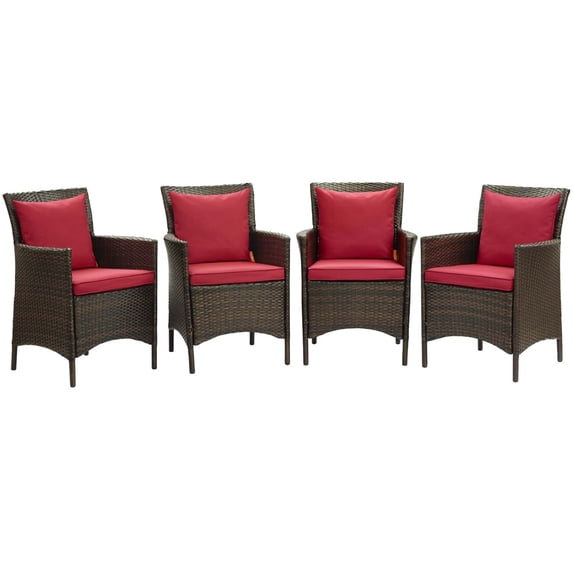 Modway Conduit 17" Rattan Patio Dining Armchair in Brown/Red (Set of 4)