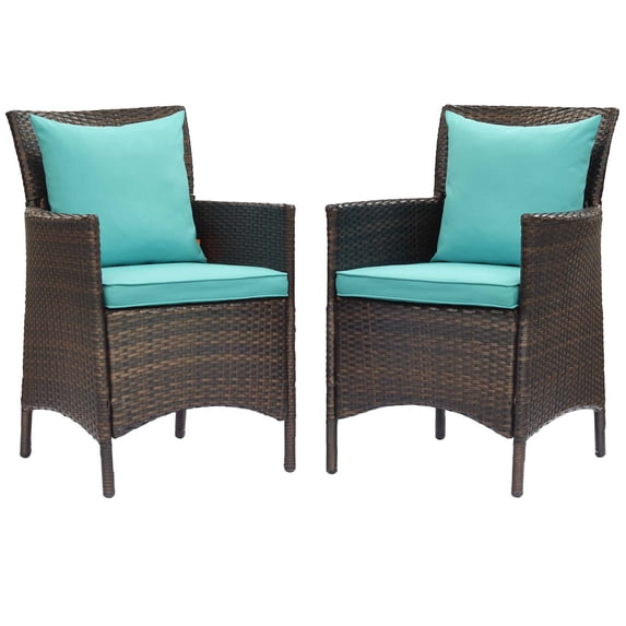 Modway Conduit 17" Rattan Patio Dining Armchair in Brown/Turquoise (Set of 2)