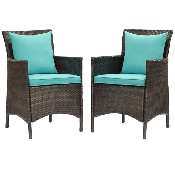 Modway Conduit Outdoor Patio Wicker Rattan Dining Armchair Set of 2 in Brown Turquoise