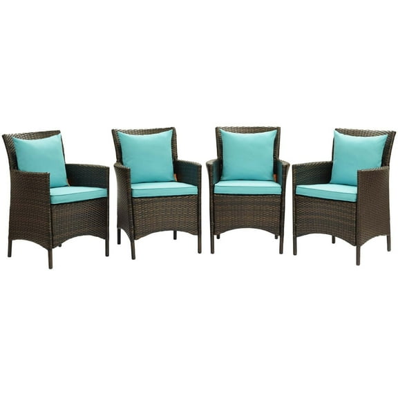 Modway Conduit 17" Rattan Patio Dining Armchair in Brown/Turquoise (Set of 4)