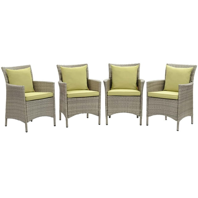 Modway Conduit 34.5" Rattan Patio Dining Armchair in Gray & Peridot (Set of 4)