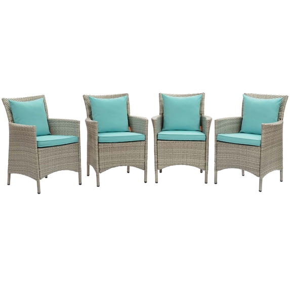 Modway Conduit Outdoor Patio Wicker Rattan Dining Armchair Set of 4 in Light Gray Turquoise