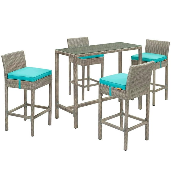 Modway Conduit 5 Piece Outdoor Patio Wicker Rattan Set in Light Gray Turquoise