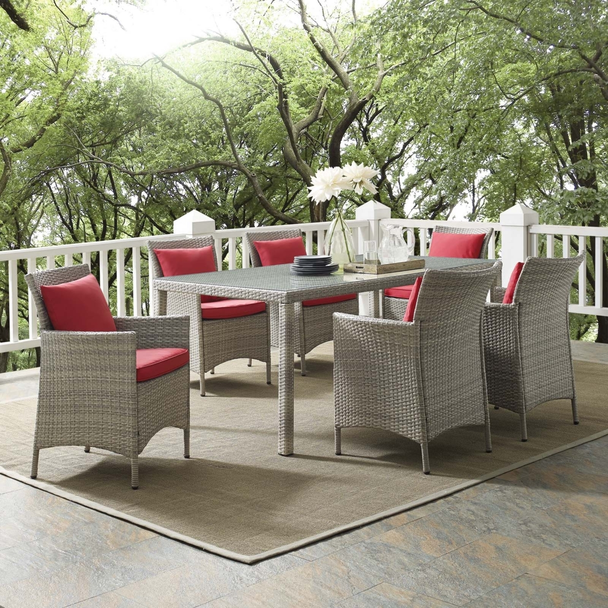 Modway Conduit 7-Piece Modern Rattan Outdoor Dining Set in Light Gray/Red - image 1 of 7