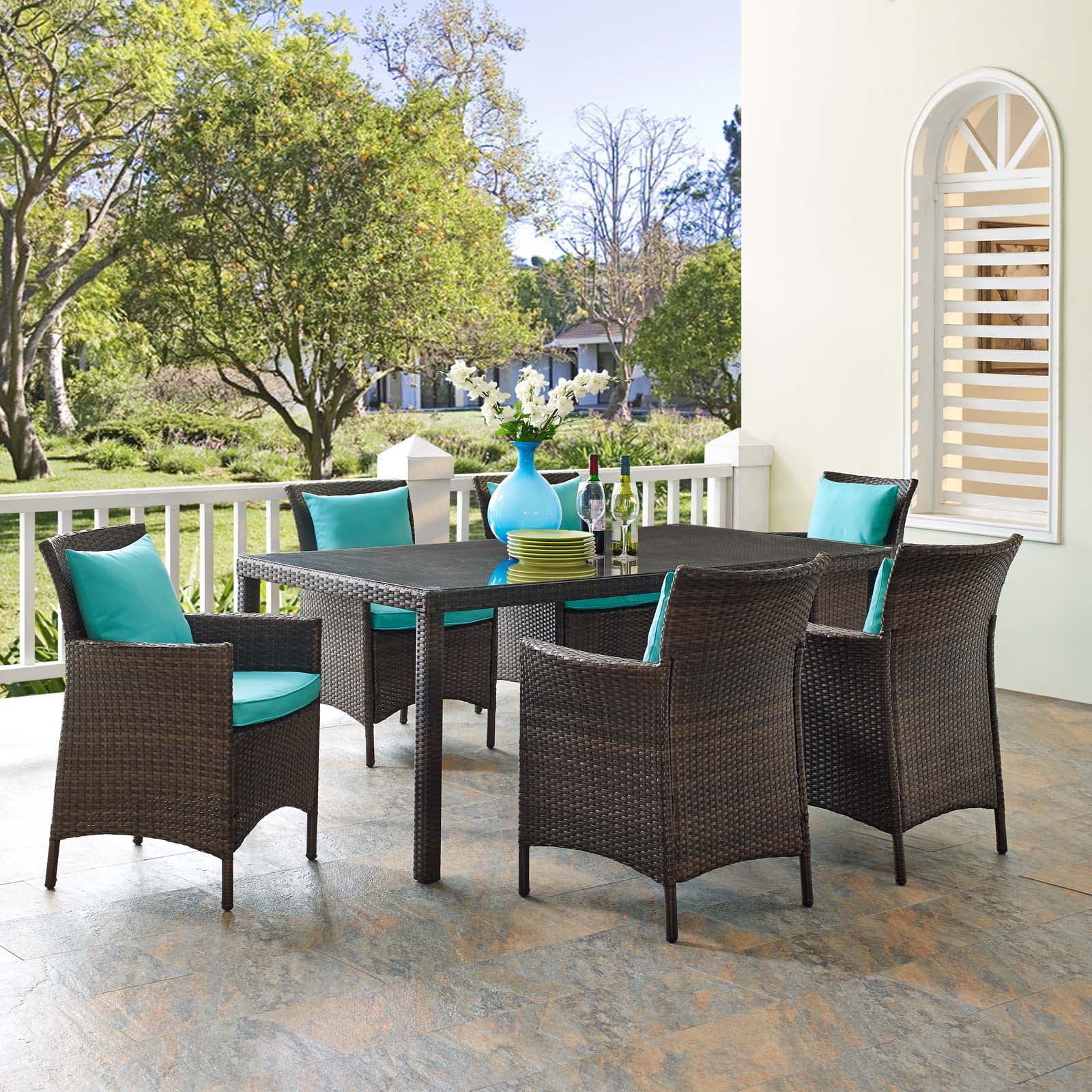Modway Conduit 7 Piece Outdoor Patio Wicker Rattan Dining Set in Brown ...