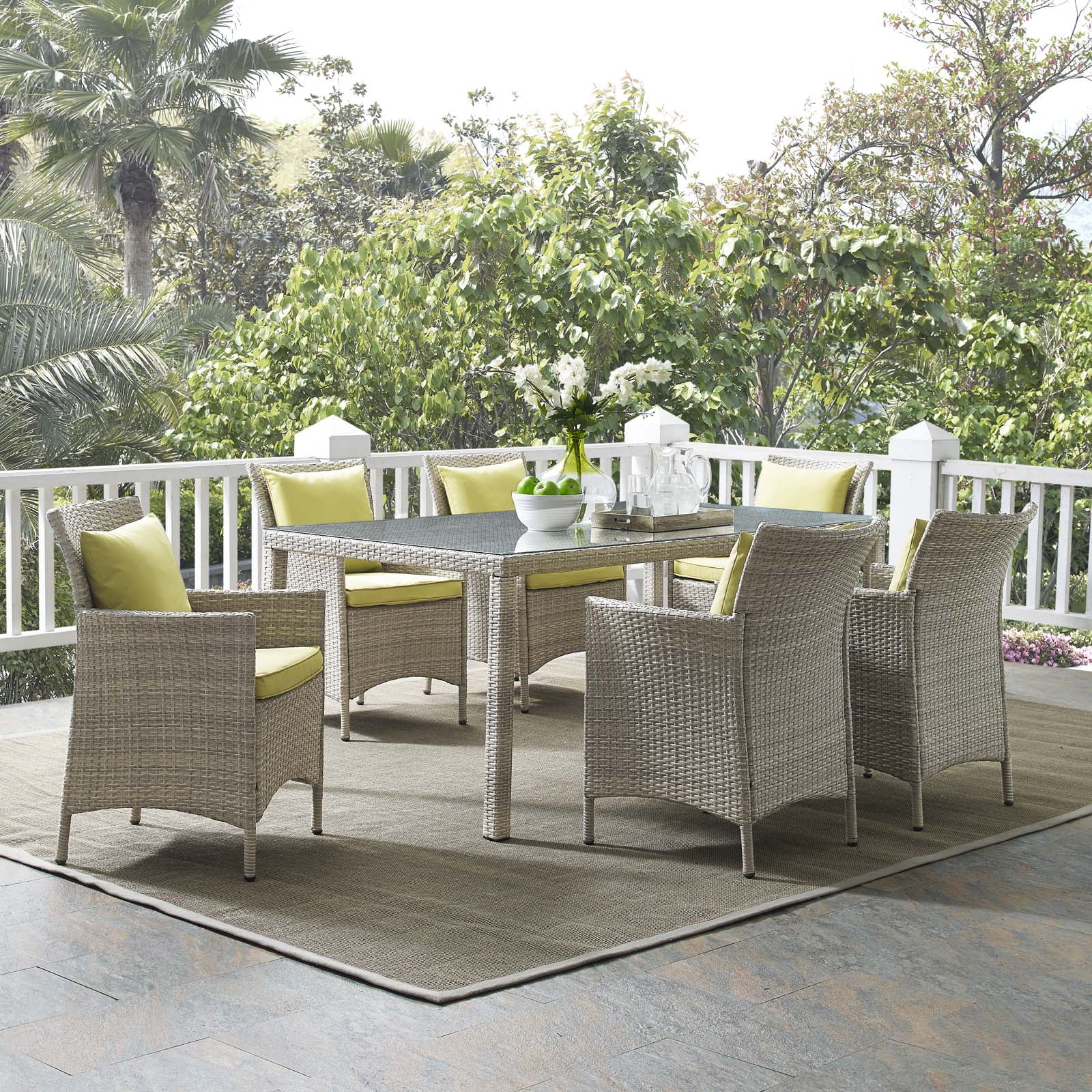Modway Conduit 7 Piece Outdoor Patio Wicker Rattan Dining Set in Light