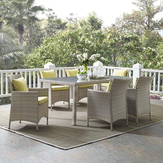 Modway Conduit 7 Piece Outdoor Patio Wicker Rattan Dining Set in Light Gray Peridot