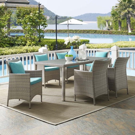 Modway Conduit 7 Piece Outdoor Patio Wicker Rattan Dining Set in Light Gray Turquoise