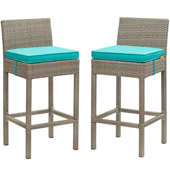 Modway Conduit Bar Stool Outdoor Patio Wicker Rattan Set of 2 in Light Gray Turquoise